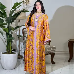 Factory Kaftan Dubai Luxury Diamonds V-Neck Lace Tape Maxi Dress Chic Elegant Floral Print Muslim Turkish Party Evening Robes