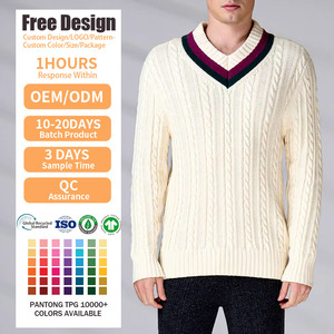 Custom Logo OEM ODM Men's Cable Knit V-Neck <b>Jumper</b> GOTS Cotton <b>Thick</b> Winter Pullover Regular Sleeve Knitted Sweater - Product Image 2