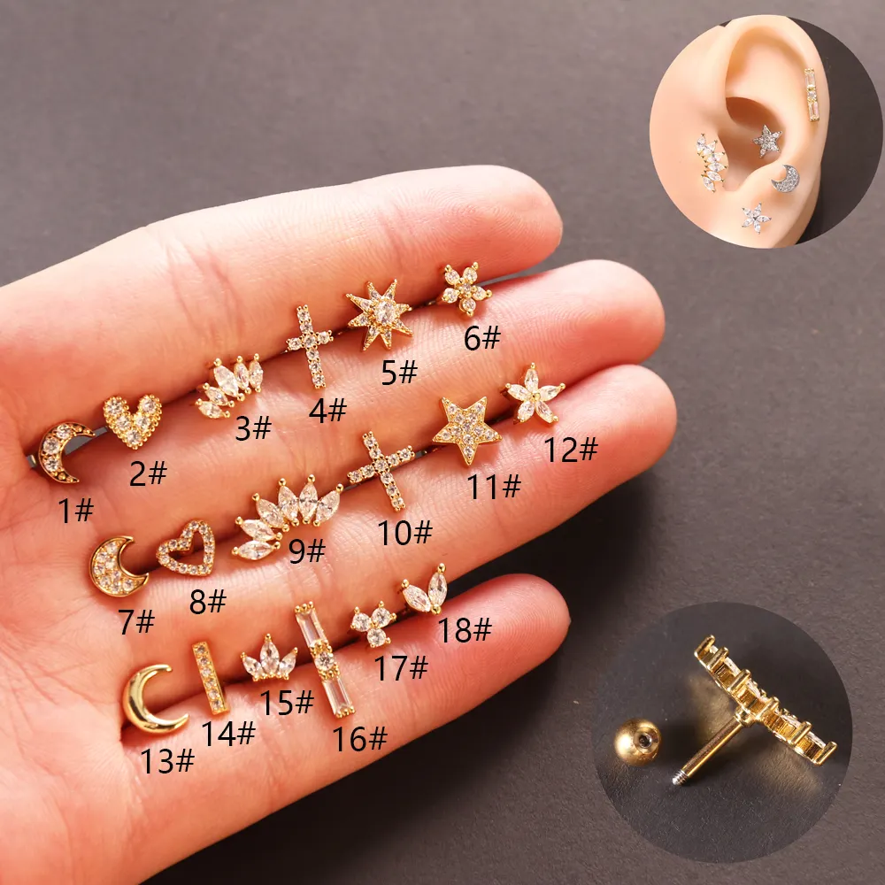Popular Puncture Accessories Wholesale Stainless Steel Micro Inlaid Zircon Screws Stud Earrings Cartilage Ear Piercing Jewelry