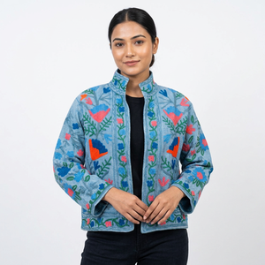 Veste Suzani en coton matelassé tricoté à la main, broderie ethnique, rayures courtes, style bohème tribal, réversible, respirante, pour l'automne - Product Image 1