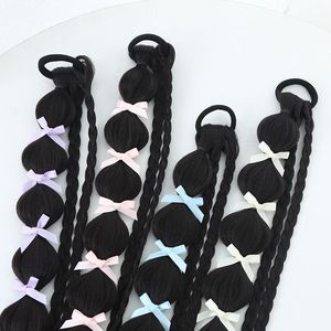 Cola de caballo trenzada con lazo, de fibra sintética resistente al calor, trenzas dobles tejidas a mano con lazos de colores para cualquier forma de rostro. - Product Image 4