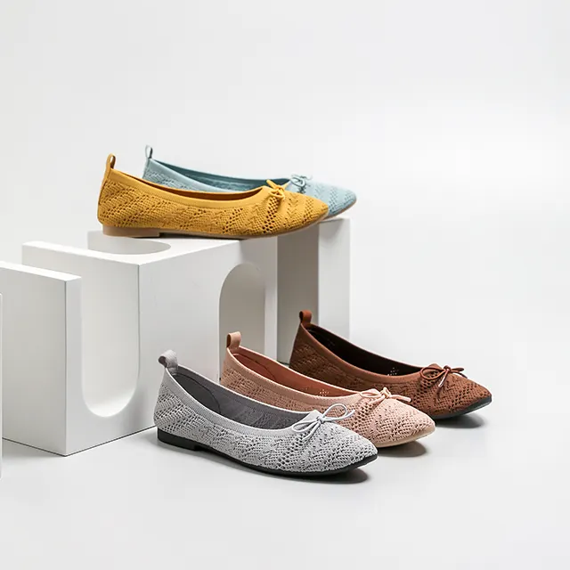 Wholesale Custom Multicolor Comfortable Rubber Sole Women Office Shoes Knit Mesh Flats Shoes Ladies
