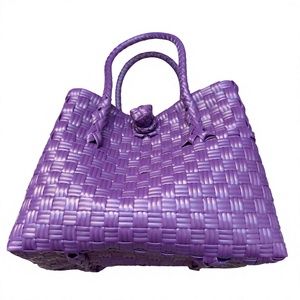 Custom Handmade Purple <b>Plastic</b> Woven Tote <b>Bag</b> Waterproof Eco Friendly Handwoven Daily Shopper <b>Beach</b> Handbag For Women Wholesale - Product Image 5