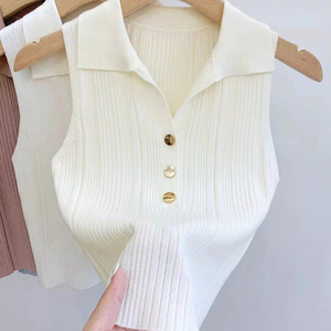 Débardeur court en maille respirante à col rabattu et fines bretelles pour <span class=keywords><strong>femme</strong></span>, coupe ajustée, en soie glacée, printemps été automne - Product Image 1