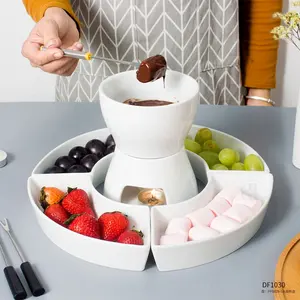 BSCI Manufacturer Custom Candle Cheese White Ceramic Melting Pot Porcelain Chocolate Fondue Set With Forks