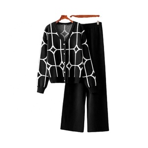 Ladies v Neck Long Sleeve Loose Fit Short <strong>Cardigan</strong> and High Waist Long Pants <strong>Twin</strong> <strong>Set</strong> - Product Image 1
