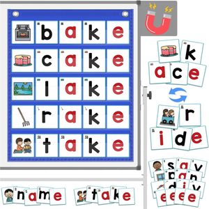 Tabla de bolsillo para construir palabras CVCE con 50 tarjetas de fonética para lectores principiantes de 4 a 6 años, herramienta de aprendizaje para el aula - Product Image 1