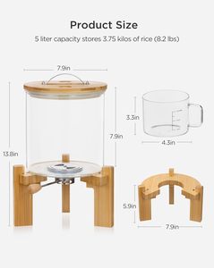 Conteneur alimentaire en verre de 5L et 8L pour farine, céréales, riz avec support en bambou et tasse à mesurer - Product Image 2