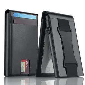 Tempat kartu bisnis OEM, kulit asli, lengan kredit klip dolar dengan tali elastis, dompet perjalanan, dompet penghalang RFID