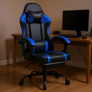 Chaise de jeu ergonomique en cuir PU bleue, pivotante à 360 degrés, inclinable, avec support lombaire réglable et repose-pieds pour adultes - Product Image 2