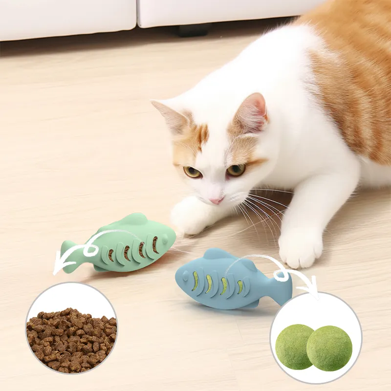 Giocattoli a forma di pesce con palla di menta e gatto su misura giocattoli interattivi per la pulizia dei denti della palla e per leccare gli animali domestici