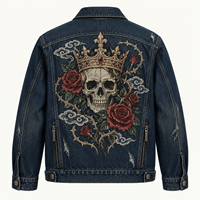 Veste en jean personnalisée pour homme, vente en gros B2B, style vintage délavé, broderie tête de mort et rose, streetwear, OEM ODM