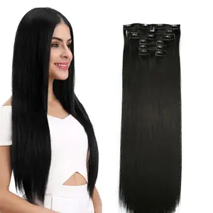 extensiones de cabello grueso clip largo Suppliers-Vigorous-extensiones de cabello sintético para mujer y niña, conjunto de extensiones de pelo liso y grueso de 24 pulgadas, Color negro, marrón, 6 uds.