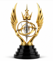 Trophée en métal plaqué or Crest avec impression UV, ailes dorées flanquant une épée et une couronne, récompense sportive personnalisée
