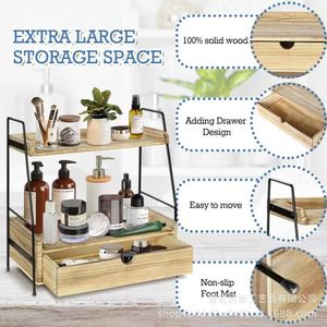 Wooden Double Layer Storage Rack With Drawers <b>Desktop</b> Cosmetic Organizer Solid Wood <b>Shelf</b> 3 Floors Makeup Storage - Product Image 3