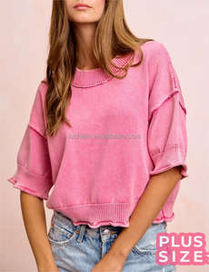 <span class=keywords><strong>Pull</strong></span> en maille côtelée <span class=keywords><strong>rose</strong></span> vif à bord brut et manches courtes pour <span class=keywords><strong>femme</strong></span> – Vente en gros - Product Image 6