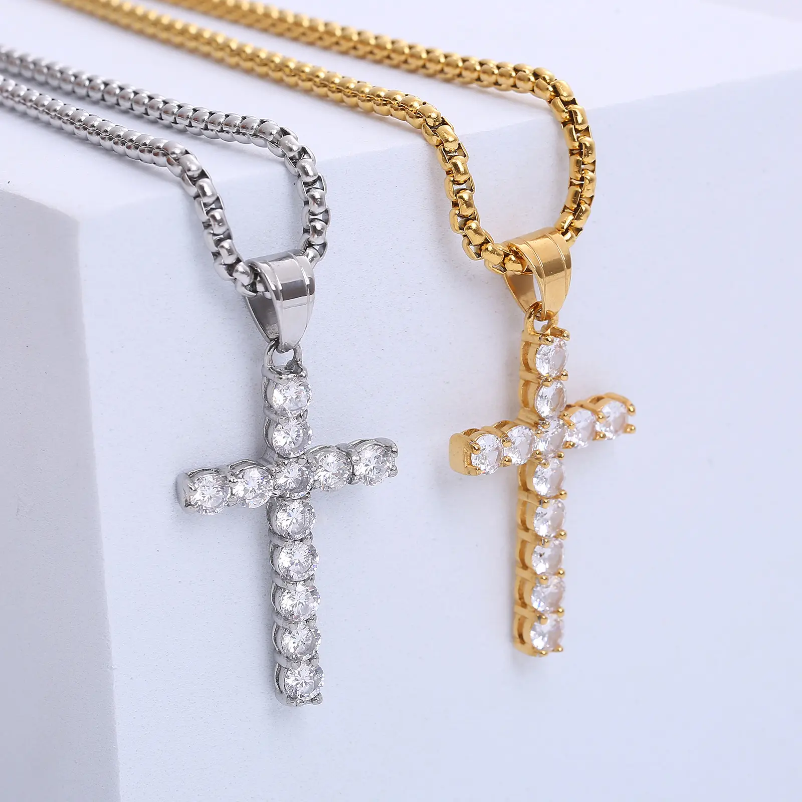 dainty jewelry stainless steel gold plated cubic zirconia diamond cross necklace