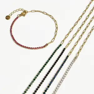 Colorful Half Gold Paper Clip Chain Half Zircon Tennis Chain Bracelet Women Stainless Steel Square CZ Stone Stacking Thin Bangle