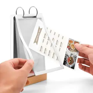 Soporte acrílico personalizado para menú de restaurante soporte de papel de menú de película de PVC con base de madera de nogal y metal