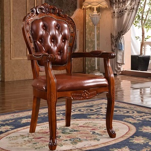 Chaise de salle à manger en cuir européen avec accoudoirs, en bois massif américain, style rétro, pour la maison, l'hôtel, le salon, avec tissu antique - Product Image 6