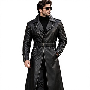 <b>Men</b> Genuine Leather <b>Long</b> Trench <b>Coat</b> Notched Lapel Zipper Closure With Belt And Pockets Regular Fit - Product Image 1