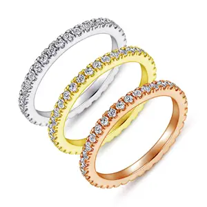 High Quality S925 Sterling Silver Ring Women Full Diamond Simple Fashion Jewelry Single Row Diamond Ring Rose Gold Ring