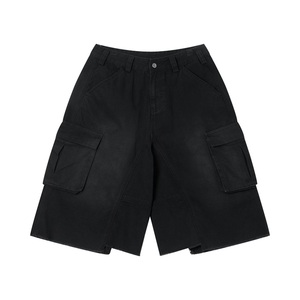 Pantalones Cortos Cargo Negros para Hombre, Cintura Media, Estilo Workwear de Lona con Bolsillos, Transpirables, Cierre de Botón, Largo Bermuda, Color Sólido - Product Image 2