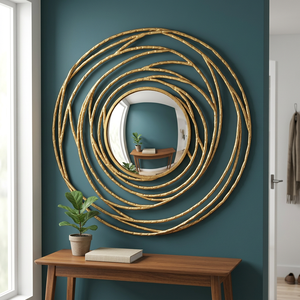 Handmade Rattan <b>Round</b> <b>Wall</b> <b>Mirror</b> Bohemian Decorative Frame Golden Finish for Living Room Bedroom - Product Image 4