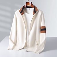 Cardigan zippé pour homme 100 % laine mérinos, col montant, veste tricotée à bordures contrastées, manches longues, pull décontracté