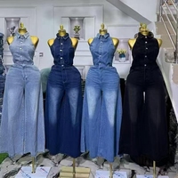 Combinaison en Jean Chic Femme, sans Manches, Col Halter, Jambes Larges, Élégante pour Boutique
