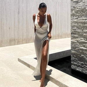 Crochet Beach Maxi Vestito per Le Donne Vedere Attraverso Sexy Plunge Backless Dalla Fasciatura Senza Maniche Allacciatura Spaccato Vestiti Lunghi #0768 - Product Image 4