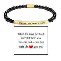 Bracelet élastique en obsidienne turquoise dorée de 4 mm avec perles, texte gravé personnalisé, logo, bracelet en tube incurvé en acier inoxydable, cadeau unisexe