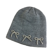 Bonnet tricoté unisexe automne-hiver, style coréen, mignon et doux avec nœud, protection auditive chaude, tendance, décontracté pour l'extérieur, broderie 3D, 100%