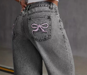 <span class=keywords><strong>Jean</strong></span> droit <span class=keywords><strong>taille</strong></span> haute ample pour femme avec strass, grande <span class=keywords><strong>taille</strong></span>, en denim respirant polyester/coton - Product Image 3