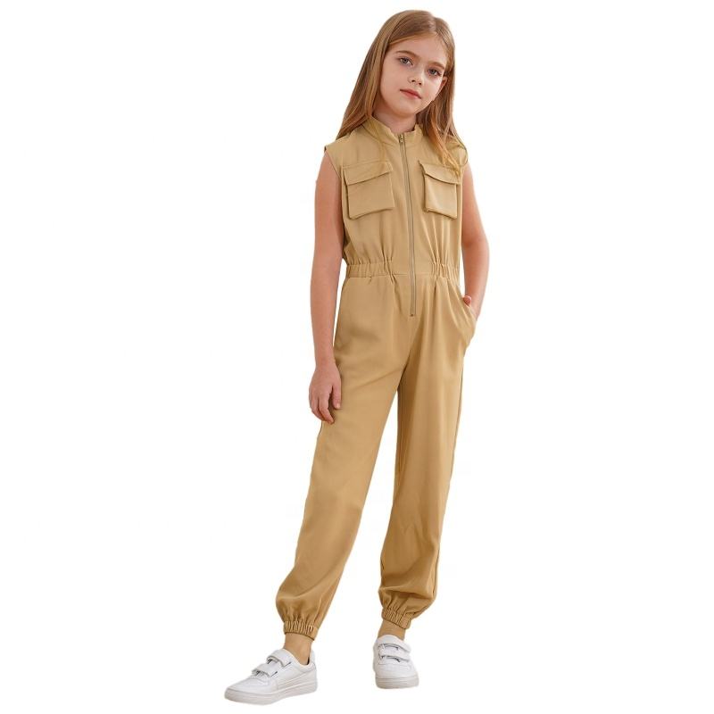 6-16 Custom Wholesale Luxury Children's Knitted Fashion Casual Cargo Romper  Black One Piece Elegant Girls Jumpsuits