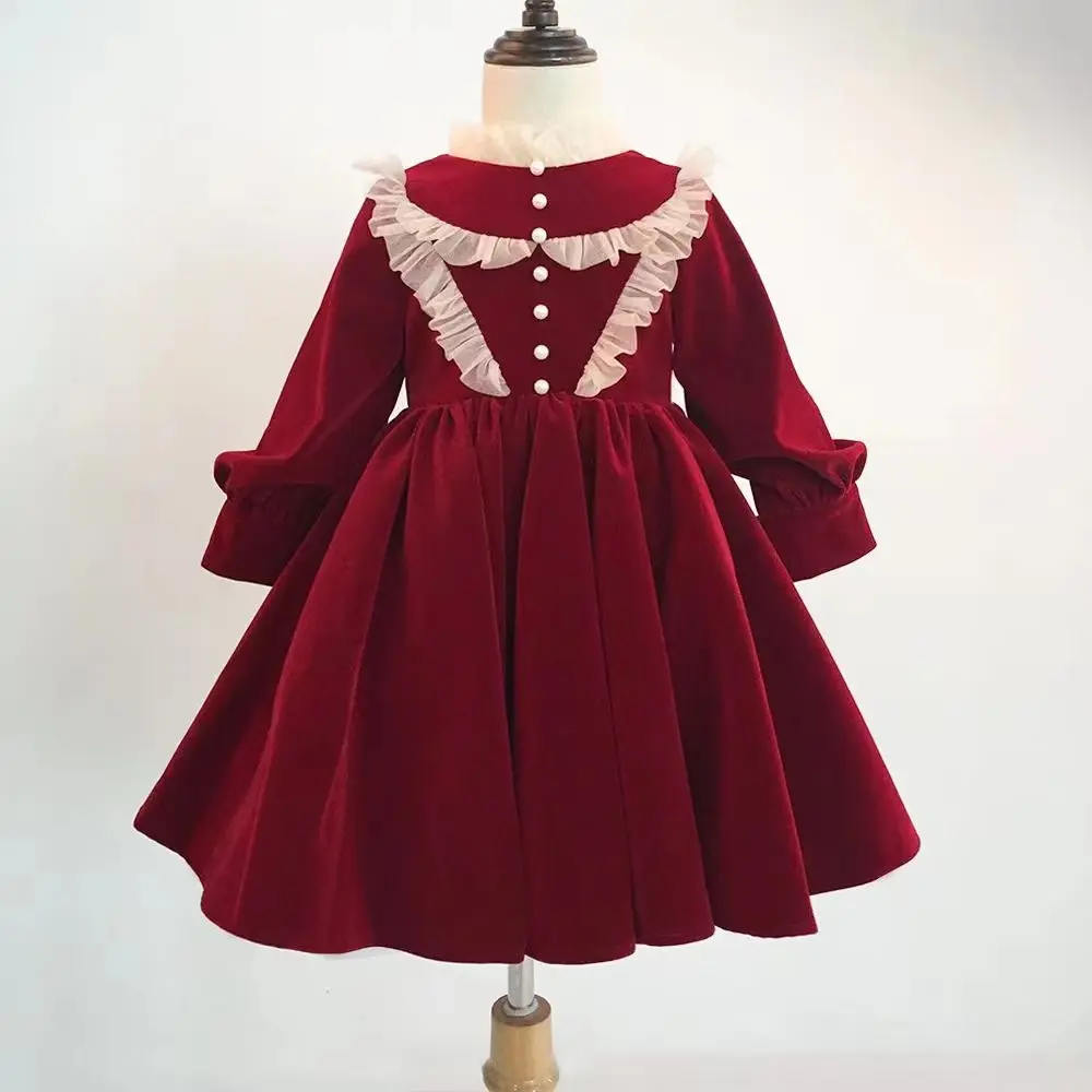 Winter Spanish Long Sleeve Bady Girls Red Lace Velvet Vintage Princess Lolita Ball Gown Dress For Party Christmas Birthday