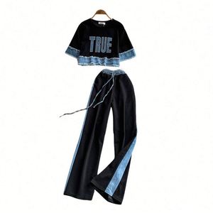 2025 Casual Summer 2-Piece Women's V-neck Short Sleeve High Waist <b>Patchwork</b> Woven Denim Tassel One Set Breathable Anti-static - Product Image 5