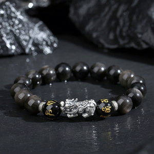 Pulsera de obsidiana con brillo natural, cuentas con mantra de seis palabras, pulsera vintage de la suerte y la riqueza para hombres y mujeres, regalo. - Product Image 4