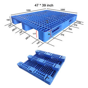 Palette en plastique HDPE bleu robuste 47 x 39 1210, 3 patins, conception en grille pour l'industrie de l'entreposage, la logistique, 4 voies, meilleure vente - Product Image 1