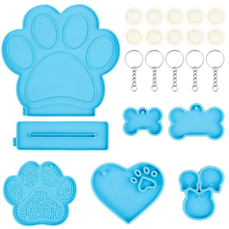 Dog Tag Pendant Casting Molds with Keyrings and Finger Gloves Dog Paw Bone Heart-Shaped Silicone Resin Molds