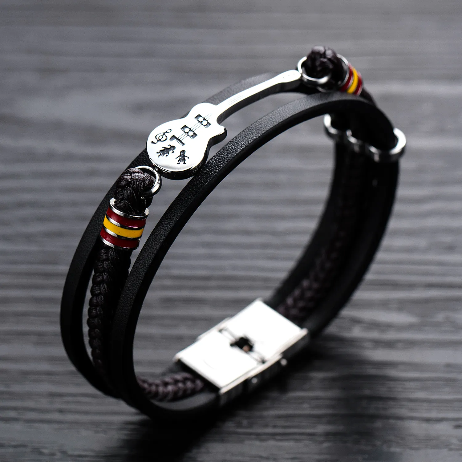 Wholesale Male Hand Jewelry Guitar In stock Charm Stainless Steel Braided Leather Bracelet Multilayer for Men