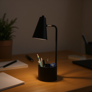 Lámpara de Escritorio Metálica con Organizador, Pantalla Cónica, Luz LED Blanca Cálida, Iluminación para Espacio de Trabajo, Diseño Minimalista, Negra - Product Image 2