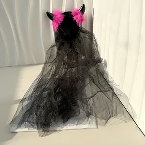 Faixa de cabelo para Halloween, acessório de festa com chifres de diabo e véu, acessório de cabelo para mulheres, faixa de cabeça com nó superior de bruxa