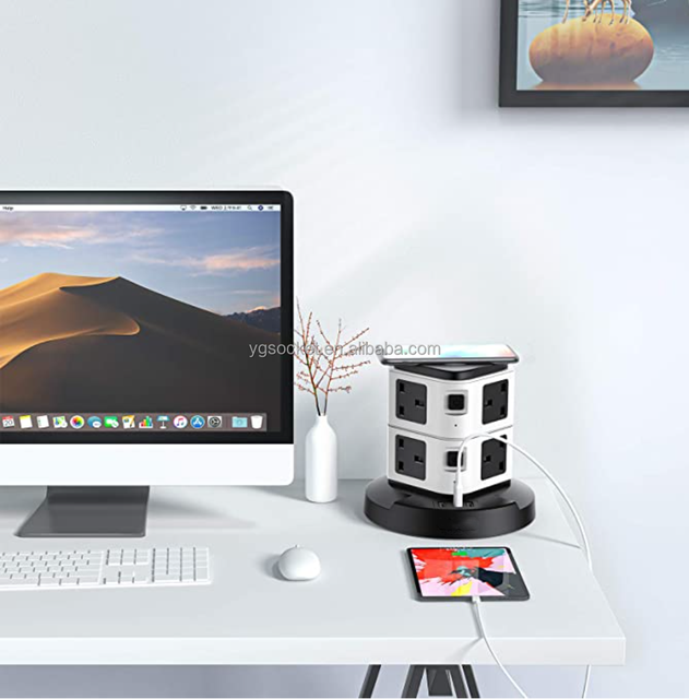 Power Strip Tower Wireless Charger with Surge Protector Electric Charging Station 2500W 10A 8 Outlet Plugs 3 USB Ports