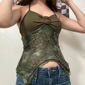 เสื้อกล้ามสไตล์โบฮีเมียนวินเทจสไตล์ชนเผ่าสีเขียวคล้องคอเปลือยหลังสำหรับผู้หญิง-เข้ารูปพอดีตัวพร้อมหัวเข็มขัดโลหะมีระบาย - Product Image 3