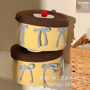 Cotton Woven <b>Storage</b> <b>Basket</b> With Lid Round Yellow <b>Large</b> Capacity Toy Organizer Desktop <b>Storage</b> Box For Children - Product Image 5