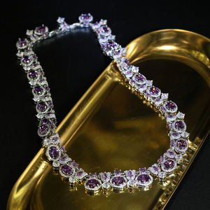 Ensemble de collier, bracelet et boucles d'oreilles en zircon violet de luxe pour femmes, bijoux élégants en cristal pour mariage, soirée, robe de soirée - Product Image 6