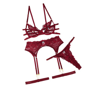 Conjunto de lencería sexy de encaje elástico con aros y diseño hueco en rojo vino para mujer, control firme, video caliente 18+ - Product Image 6