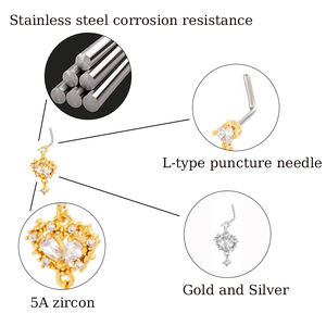 HENGSEN Bijou de piercing nasal en acier inoxydable de haute couture, clou de nez en <span class=keywords><strong>L</strong></span> avec zircon cubique pour femme 688-17-<span class=keywords><strong>L</strong></span> - Product Image 2