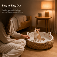 Panier rond pour chat en corde de coton tissé à la main avec oreilles, lit confortable et lavable pour chats et petits chiens